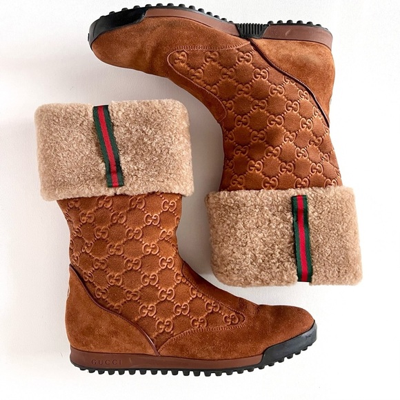 GUCCI | Apres Brown Suede Shearling GG Monogram Web Stripe Ankle Ski Boot EU36.5 - Picture 2 of 15